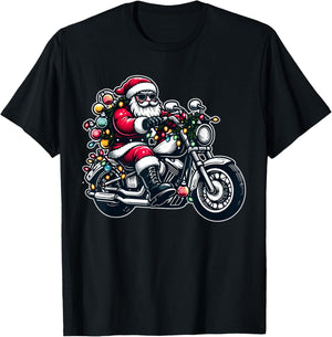 Santa Claus on Motorcycle Funny Biker Christmas Xmas Lights T-Shirt - T-Shirt | Black