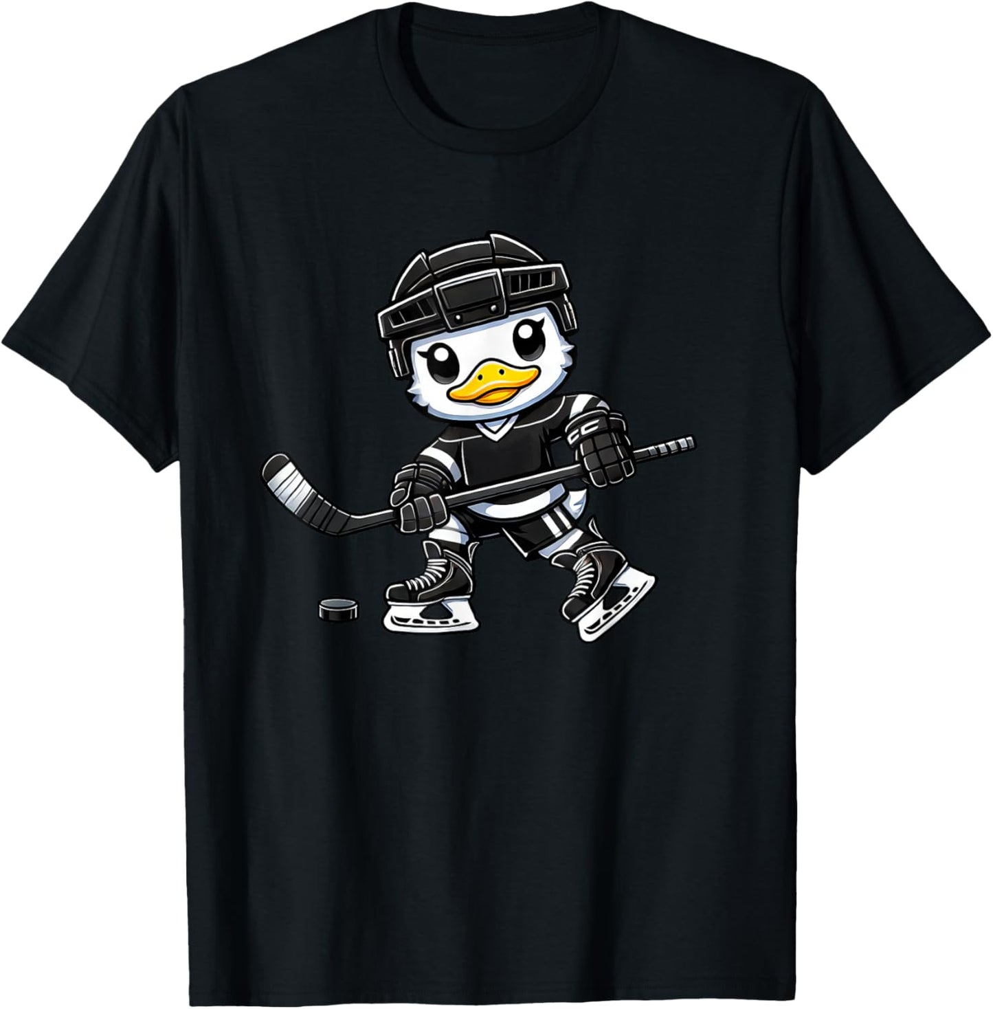 Chibi Duck Playing Ice Hockey Cute Design T-Shirt - T-Shirt | Black