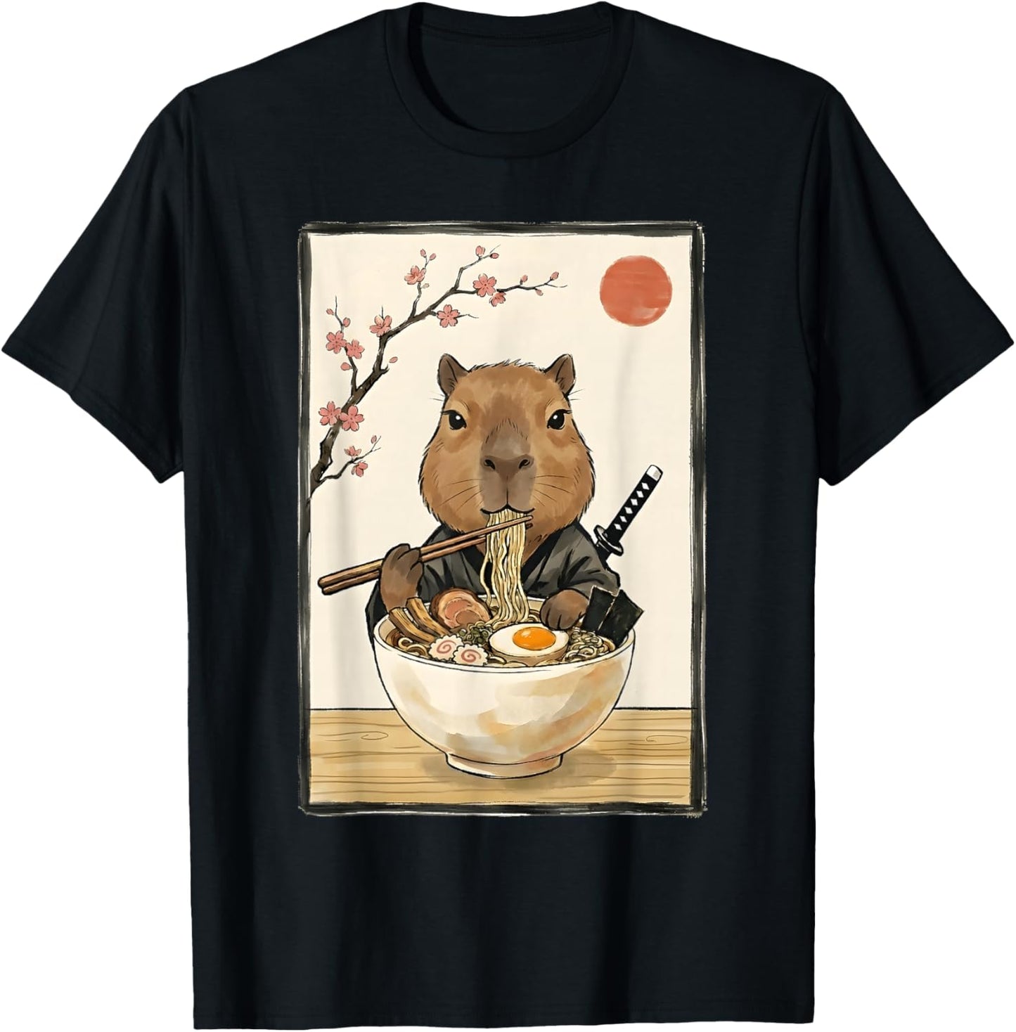 Japanese Art Kawaii Ramen Anime Novelty Funny Capybara T-Shirt - T-Shirt | Black