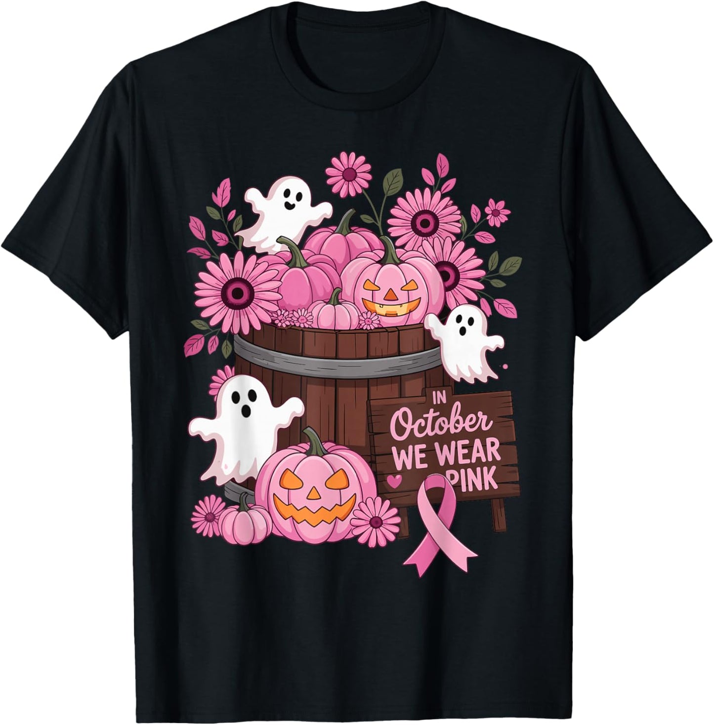 in October We Wear Pink Pumpkin Ghost Breast Cancer Survivor T-Shirt - T-Shirt | Black