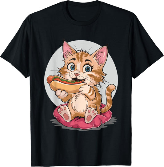 Cat Eating Hot Dog Women T-Shirt - T-Shirt | Black
