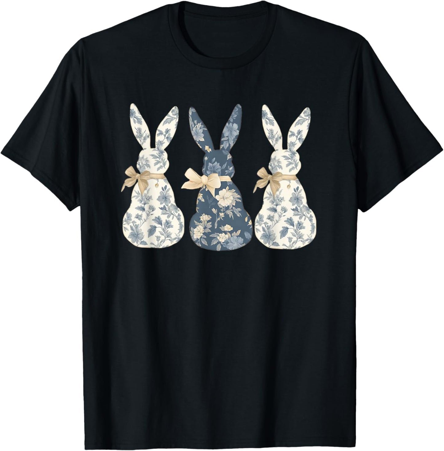 Floral Blue Bunny Cute Happy Easter Day Coquette Bow Flower T-Shirt - T-Shirt | Black