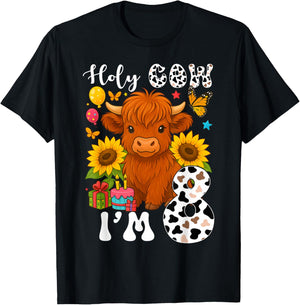 Holy Cow I'm 8 Years Old Farm Cow Sunflowers 8th Birthday T-Shirt - T-Shirt | Black
