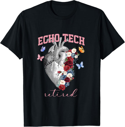 Anatomical Heart Floral Echo Tech Retired Cardiac Sonography T-Shirt - T-Shirt | Black
