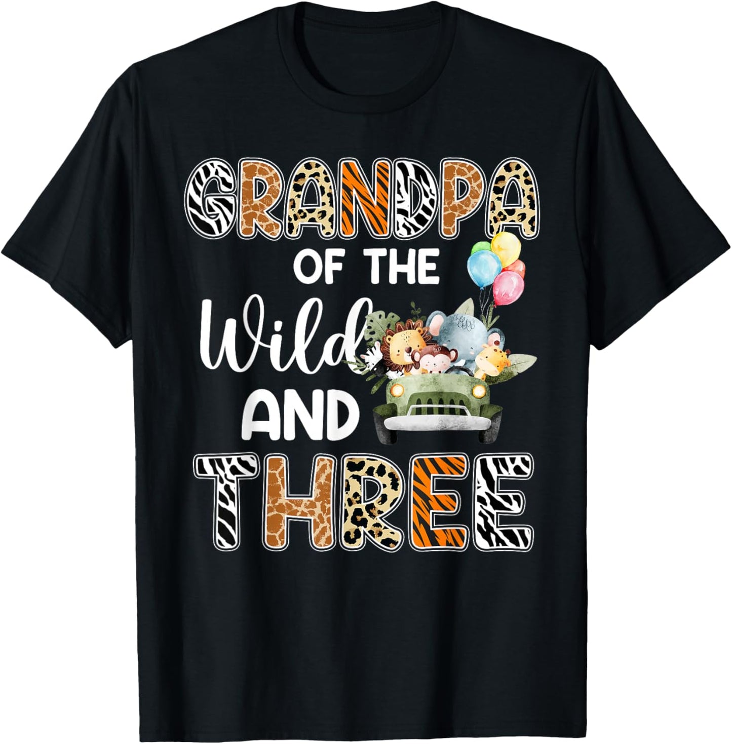 Grandpa Of The Wild and Three 3 Birthday Zoo Safari Jungle T-Shirt - T-Shirt | Black