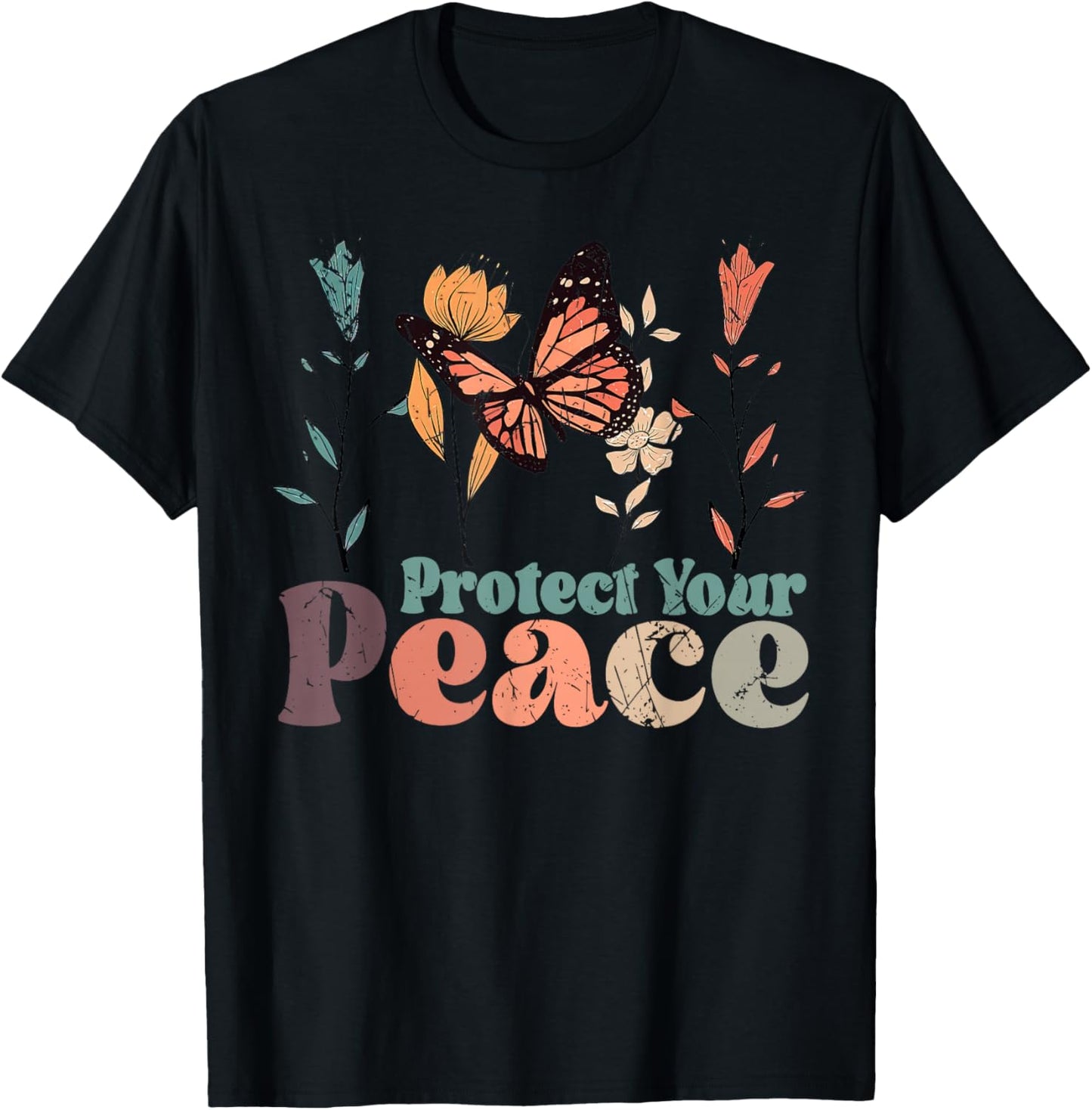 Vintage Flower Protect Your Peace Mental Health Awareness T-Shirt - T-Shirt | Black