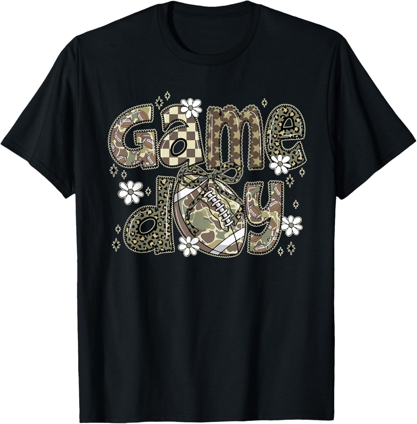 Camo Coquette Bow Football Season Camo Game Day Fall Autumn T-Shirt - T-Shirt | Black