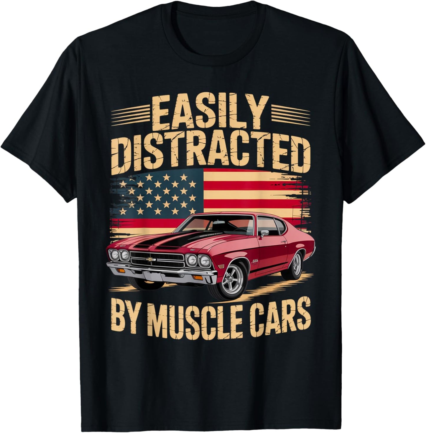 Easily Distracted by Muscle Cars Retro Red Classic car Vibe T-Shirt - T-Shirt | Black