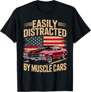 Easily Distracted by Muscle Cars Retro Red Classic car Vibe T-Shirt - T-Shirt | Black