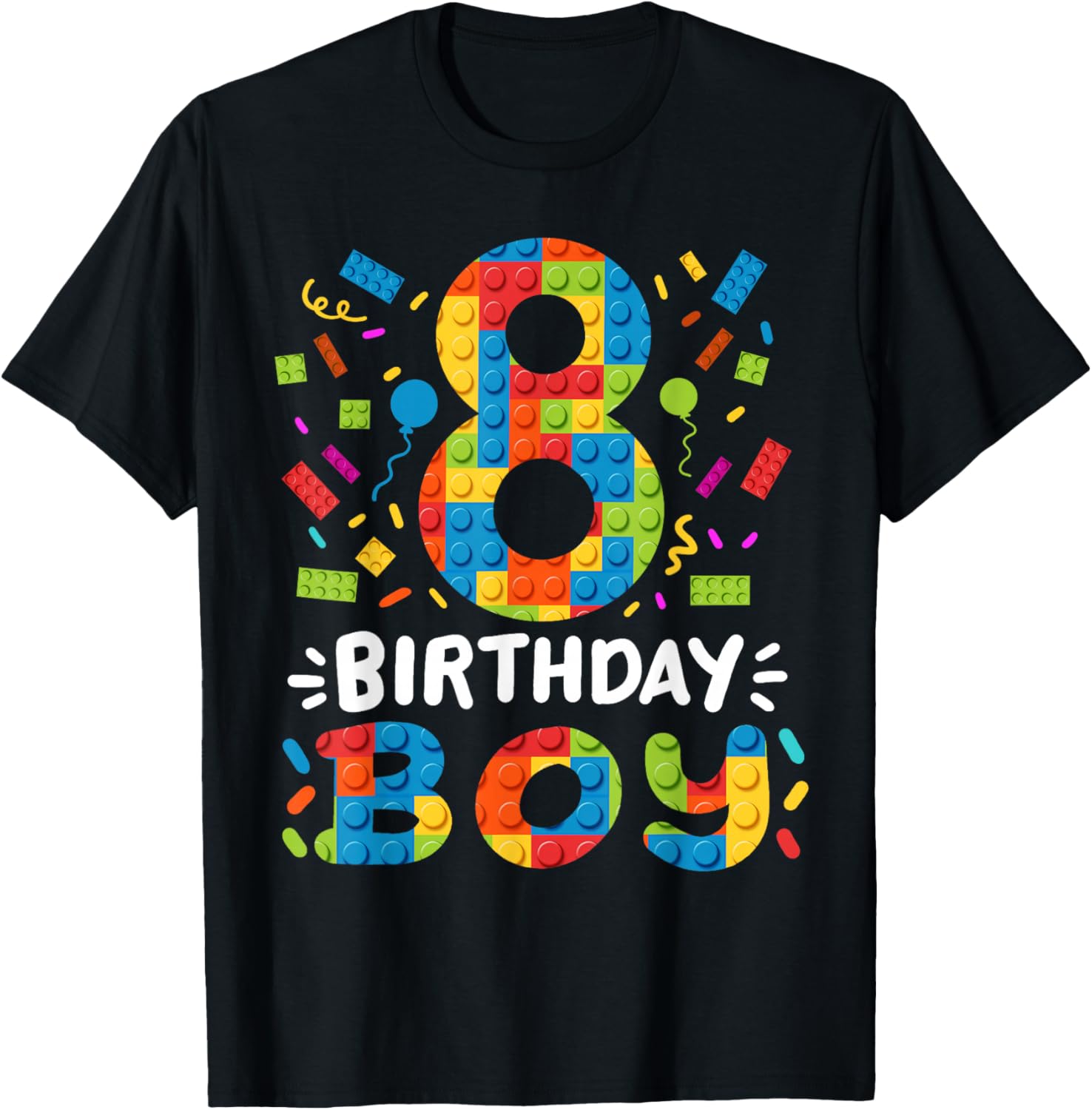 Kids 8 Years Old Building Blocks Builder 8th Birthday Boys T-Shirt - T-Shirt | Black