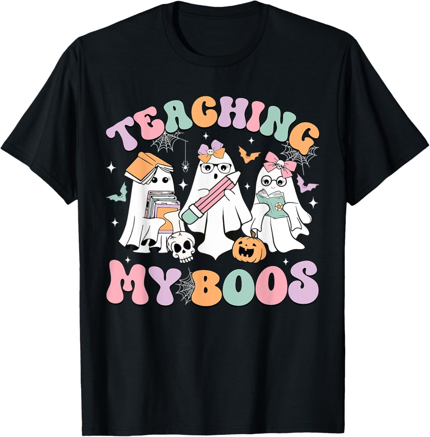 Teaching My Boos Cute Book Ghost Groovy Teacher Halloween Women Kids T-Shirt - T-Shirt | Black