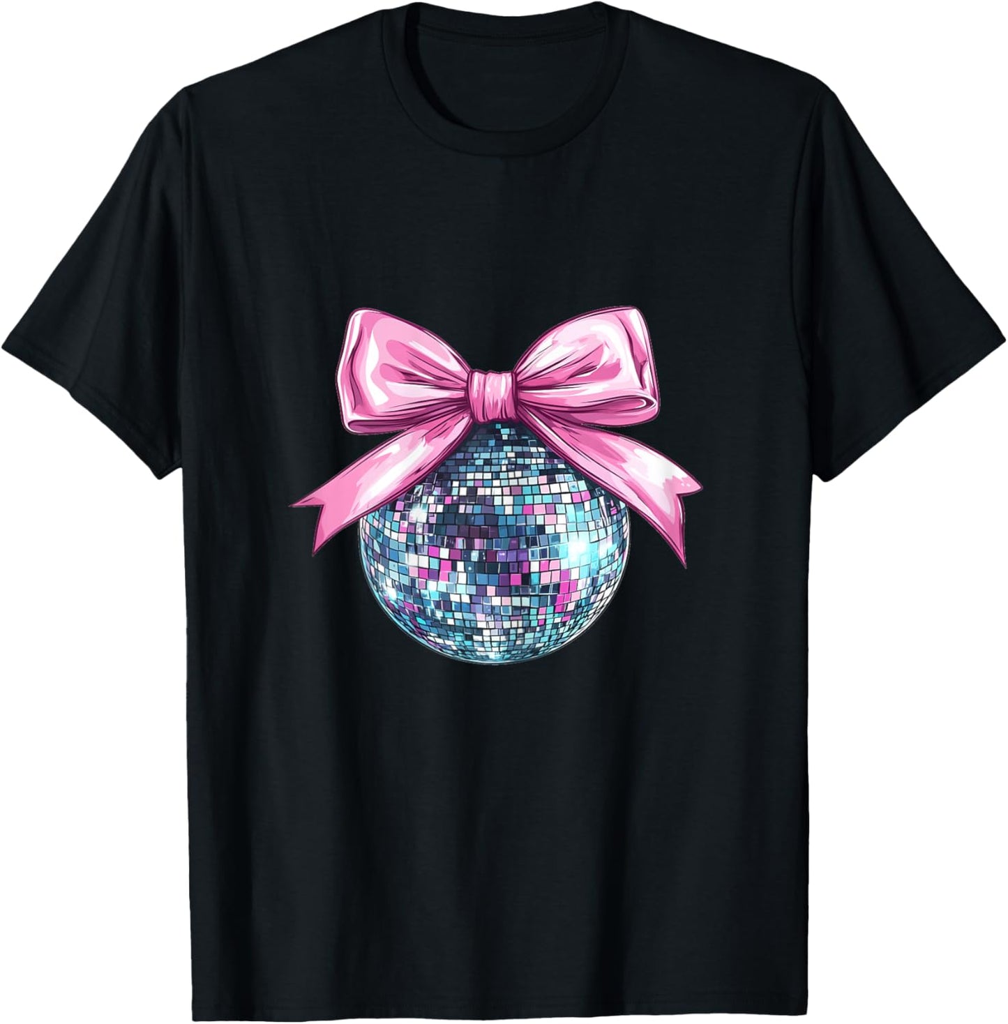 Disco Ball Pink Coquette Bow Cute Dainty Bow Ribbon Girls T-Shirt - T-Shirt | Black