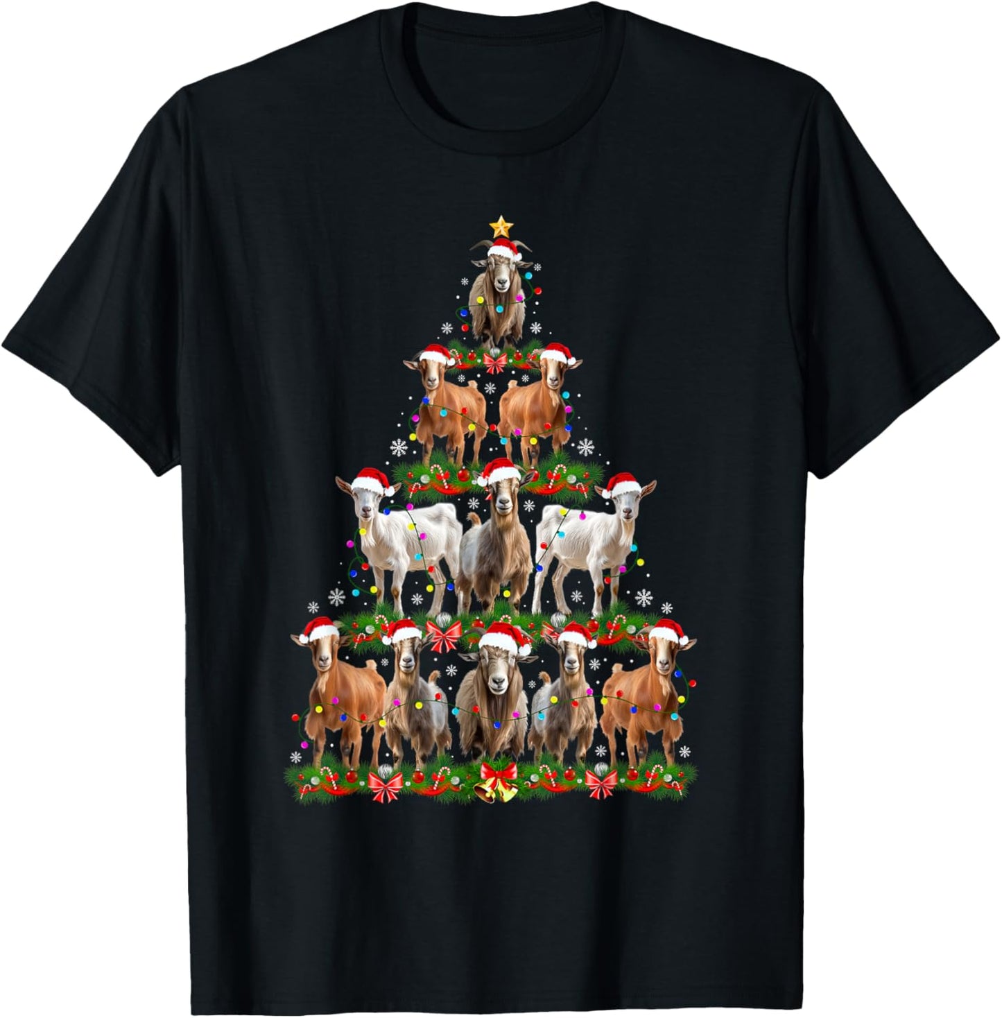 Goat Christmas Tree Lights Funny Xmas Family Men Women T-Shirt - T-Shirt | Black