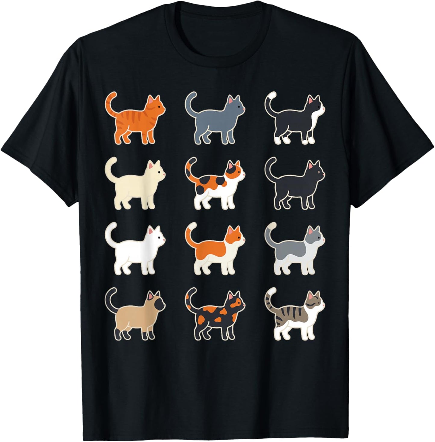Cute Cat Illustration Grid Pattern T-Shirt - T-Shirt | Black