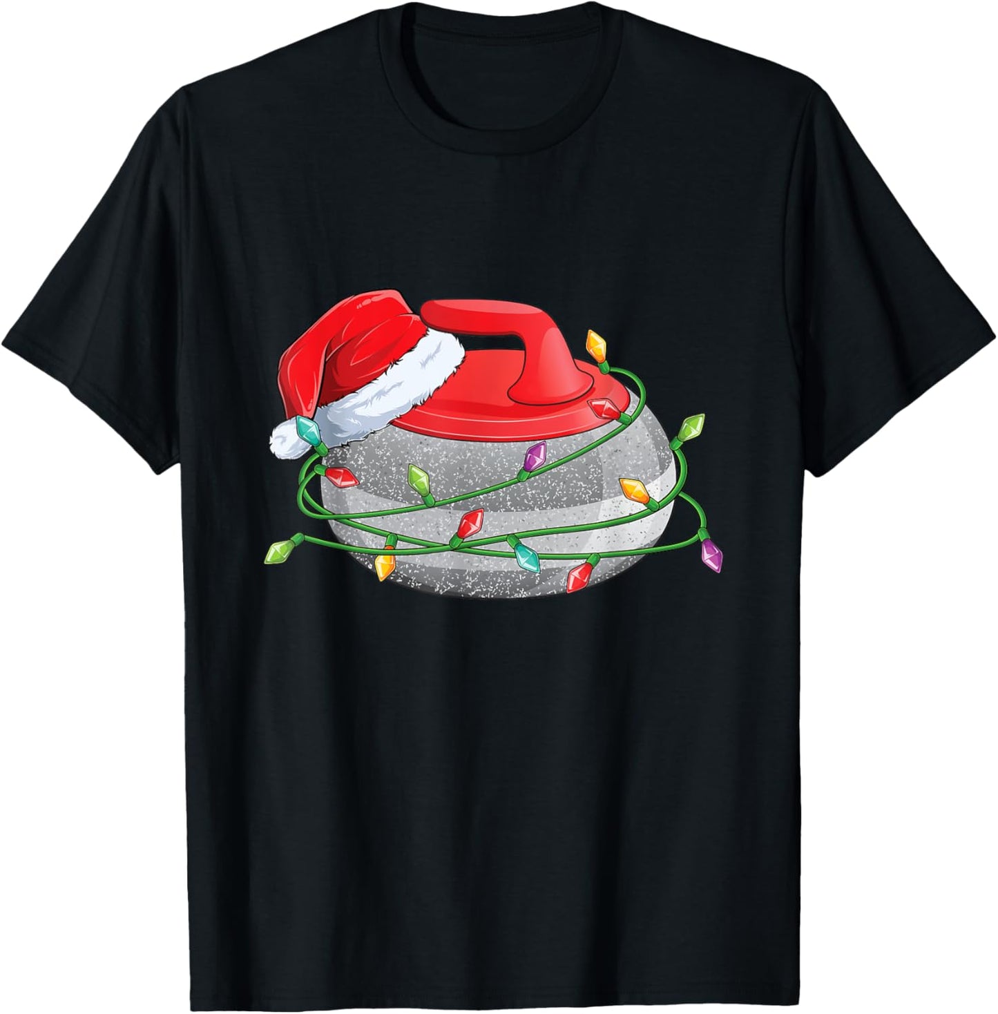 Christmas Curling Stone, Santa Hat wrapped in Holiday Lights T-Shirt - T-Shirt | Black