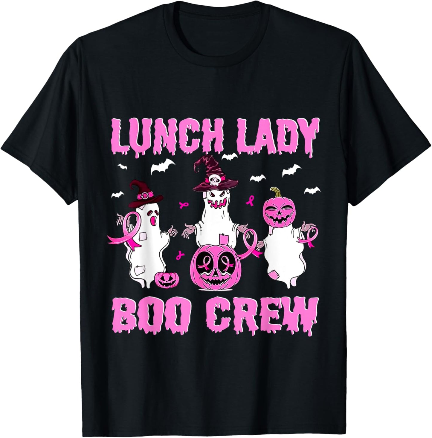 Lunch Lady Boo Crew Pumpkin Pink Breast Cancer Halloween T-Shirt - T-Shirt | Black