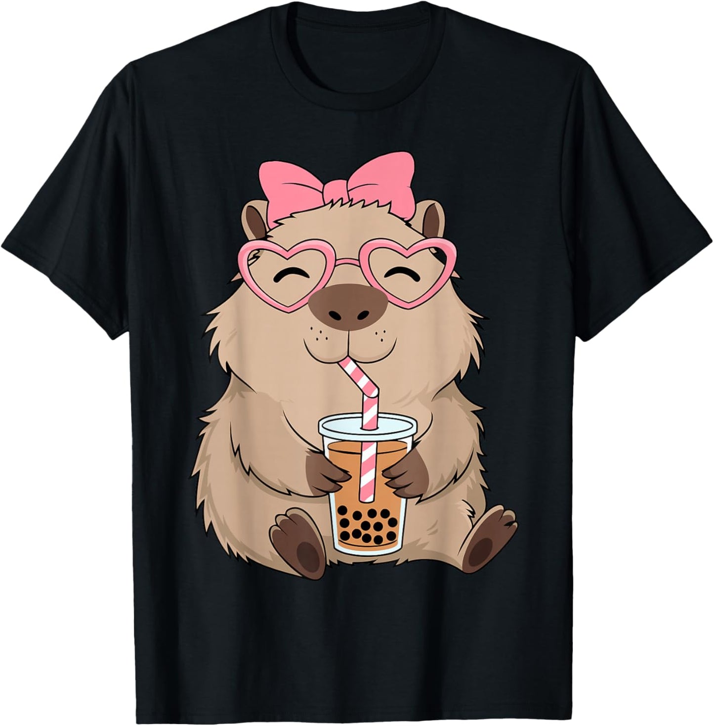 Funny Capybara Coquette Bow Tea Bubble Rodent Animal Costume T-Shirt - T-Shirt | Black
