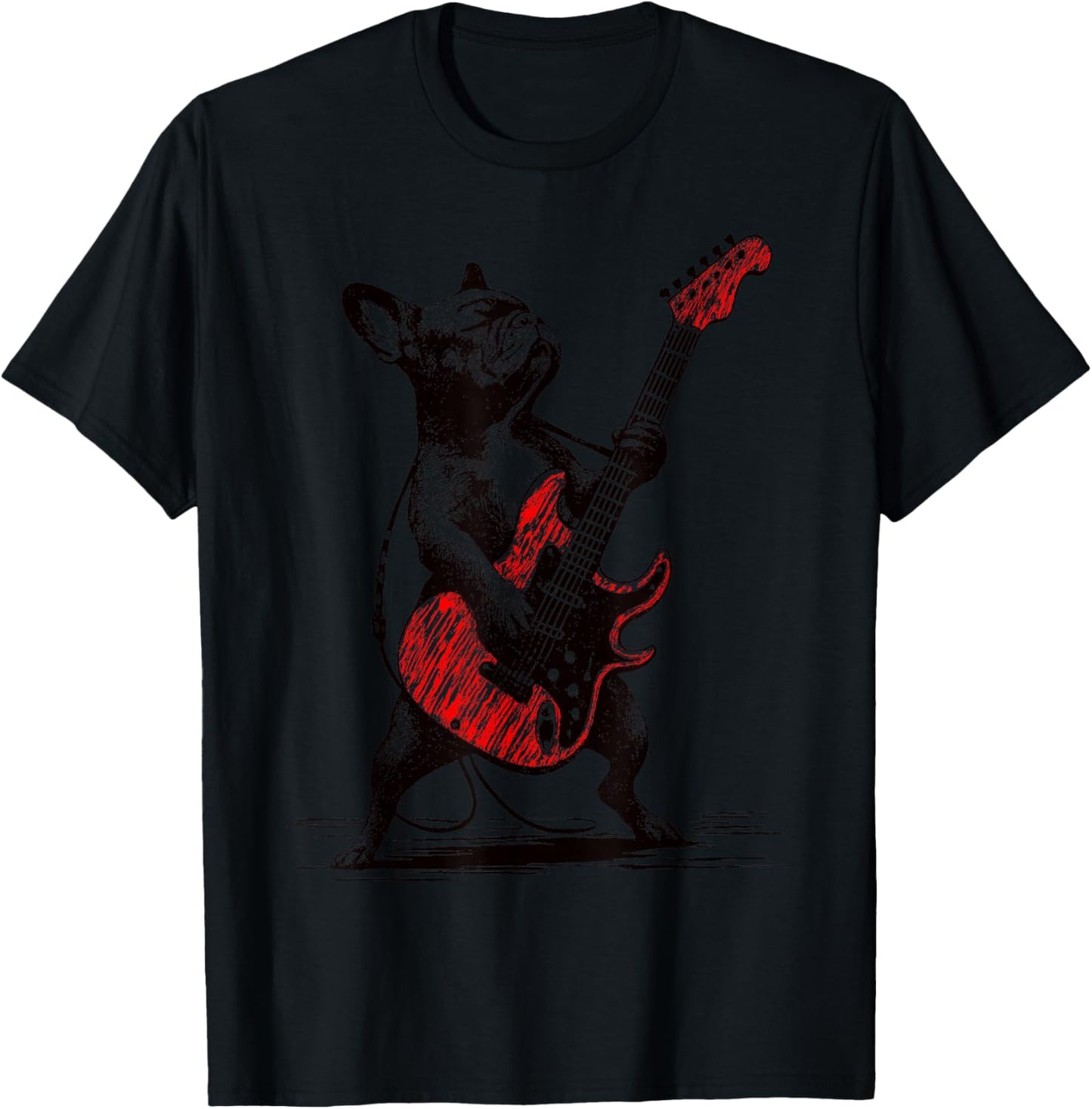 Vintage Rocker French Bulldog Guitar Funny Dog Rock Music T-Shirt - T-Shirt | Black