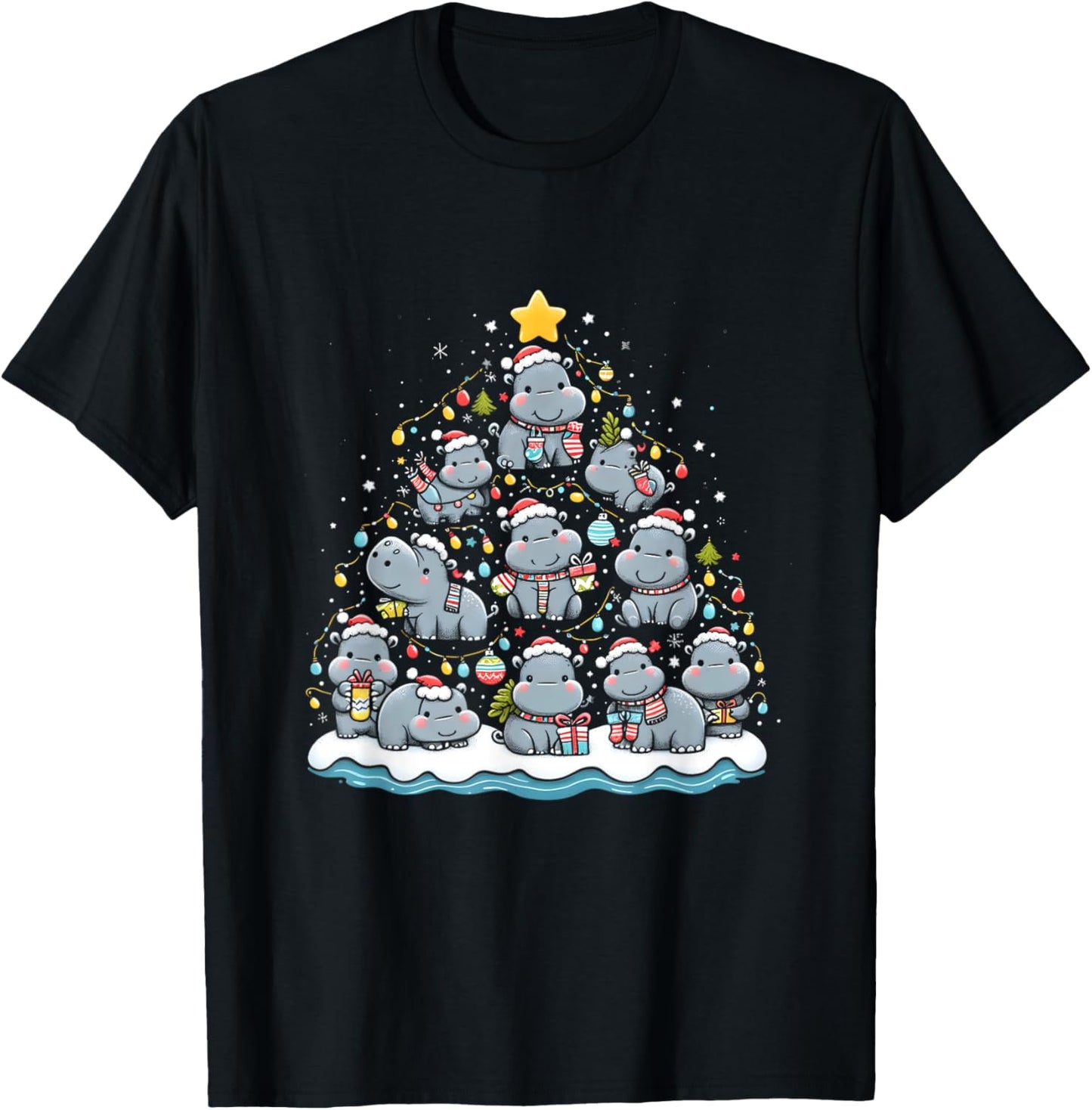 Hippopotamus Christmas Tree Funny Baby Pygmy Hippo Decor T-Shirt - T-Shirt | Black