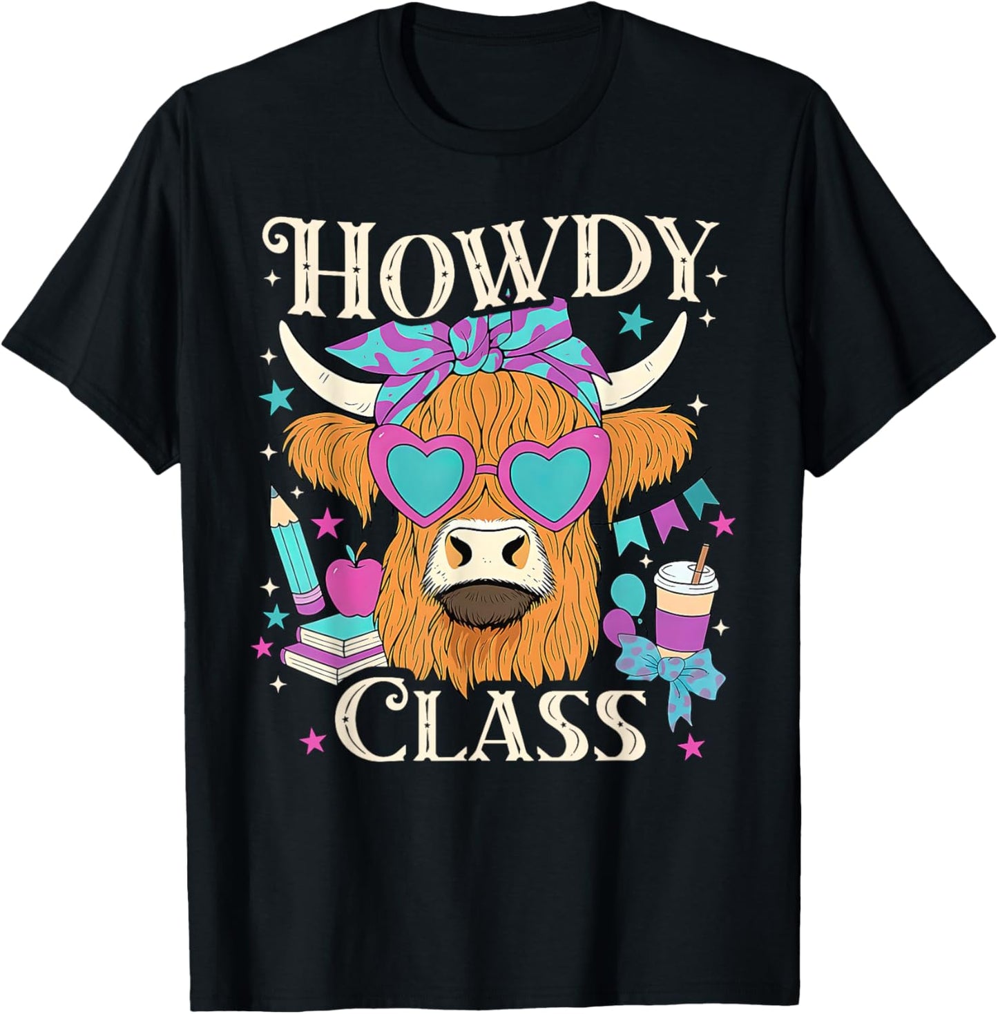 Highland Cow Howdy Class Western Cowboy Teacher Appreciation T-Shirt - T-Shirt | Black