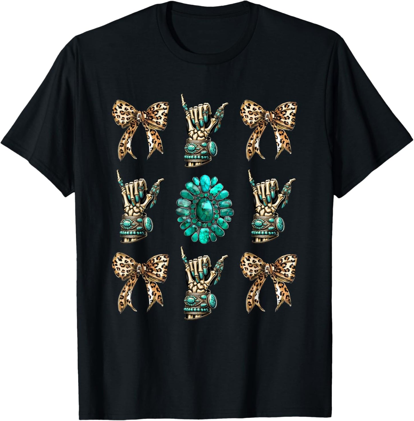 Skeleton Coquette Cowgirl Turquoise Leopard Western Rodeo T-Shirt - T-Shirt | Black