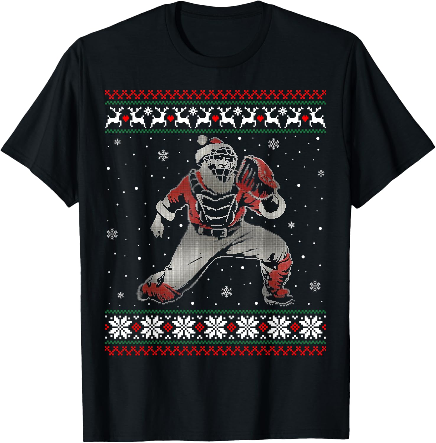 Baseball Catcher Christmas Ugly Sweater Baseball Player T-Shirt - T-Shirt | Black