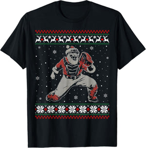 Baseball Catcher Christmas Ugly Sweater Baseball Player T-Shirt - T-Shirt | Black