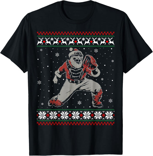 Baseball Catcher Christmas Ugly Sweater Baseball Player T-Shirt - T-Shirt | Black