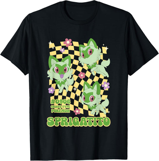 Pokémon Sprigatito #0906 Grass Type Pokemon Retro Chest Logo T-Shirt - T-Shirt | Black
