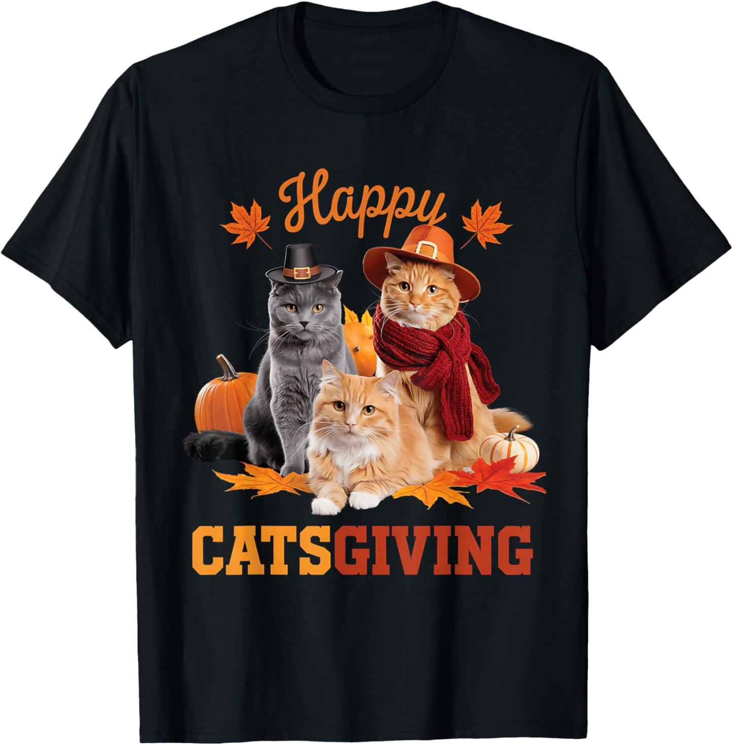 Happy Catsgiving Cute Thanksgiving Cat Wears Pilgrim Hat Women Girls Kids T-Shirt - T-Shirt | Black