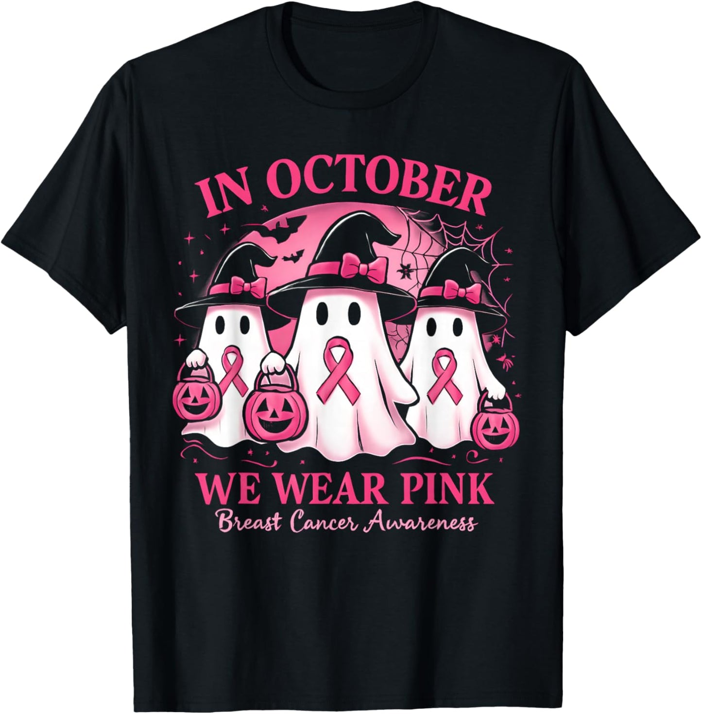in October We Wear Pink Ghost Halloween Women Breast Cancer T-Shirt - T-Shirt | Black