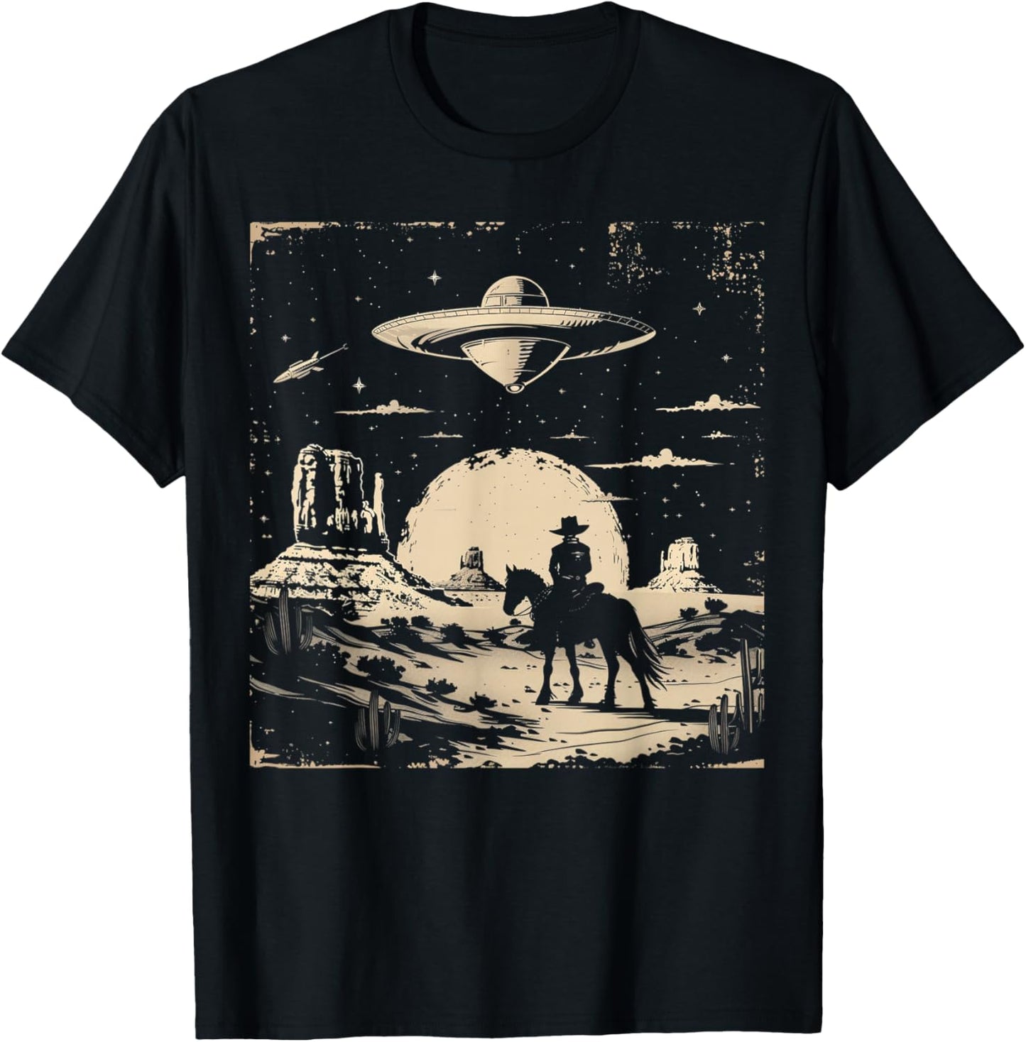 Vintage Western Cowboy Cowgirl UFO Wild West Horse T-Shirt - T-Shirt | Black