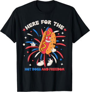 Here For The Hot Dogs And Freedom 4th of July Funny Hot Dogs T-Shirt - T-Shirt | Black
