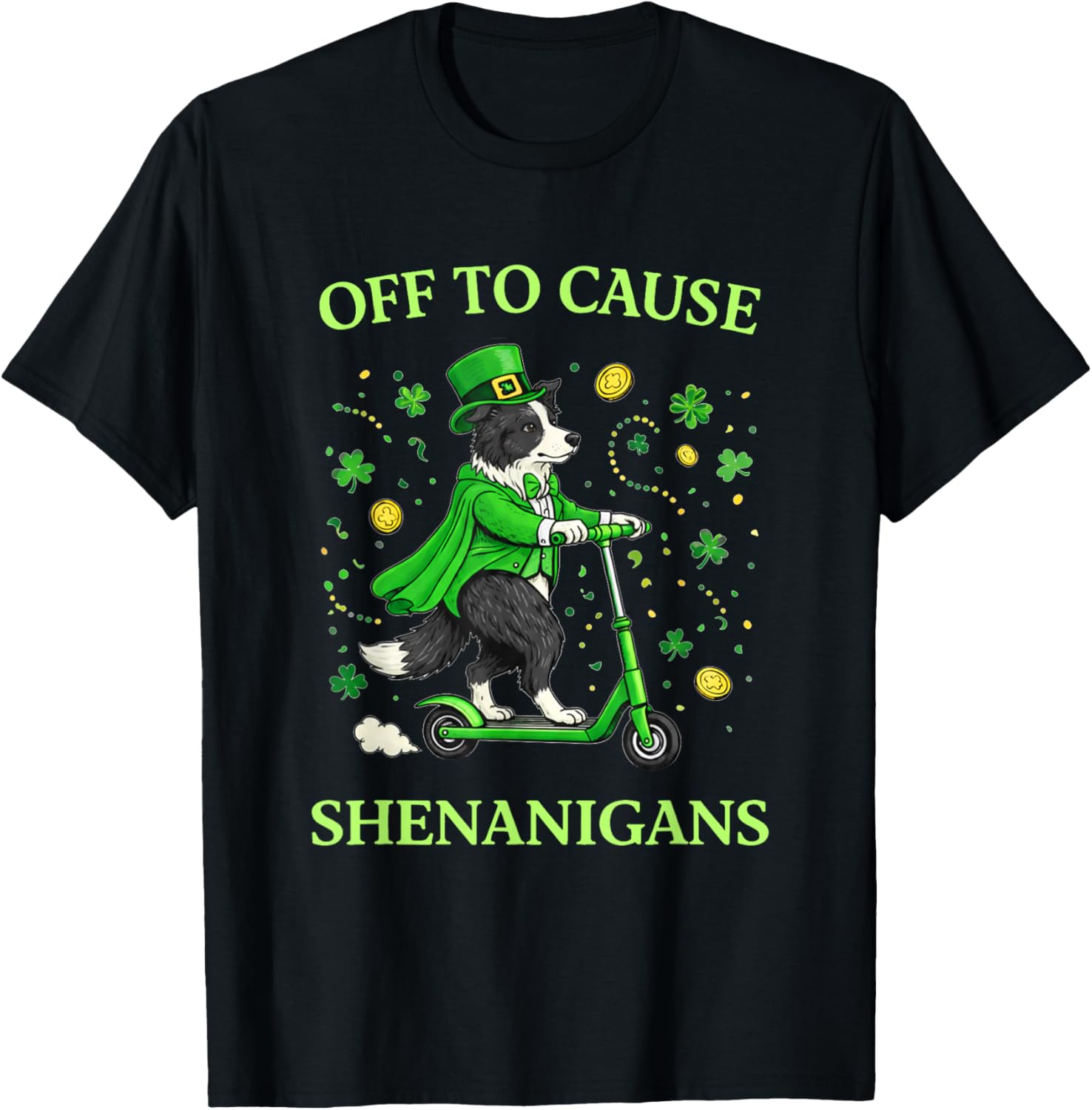 St Patricks Day Border Collie Leprechaun Scooter Shenanigans T-Shirt - T-Shirt | Black