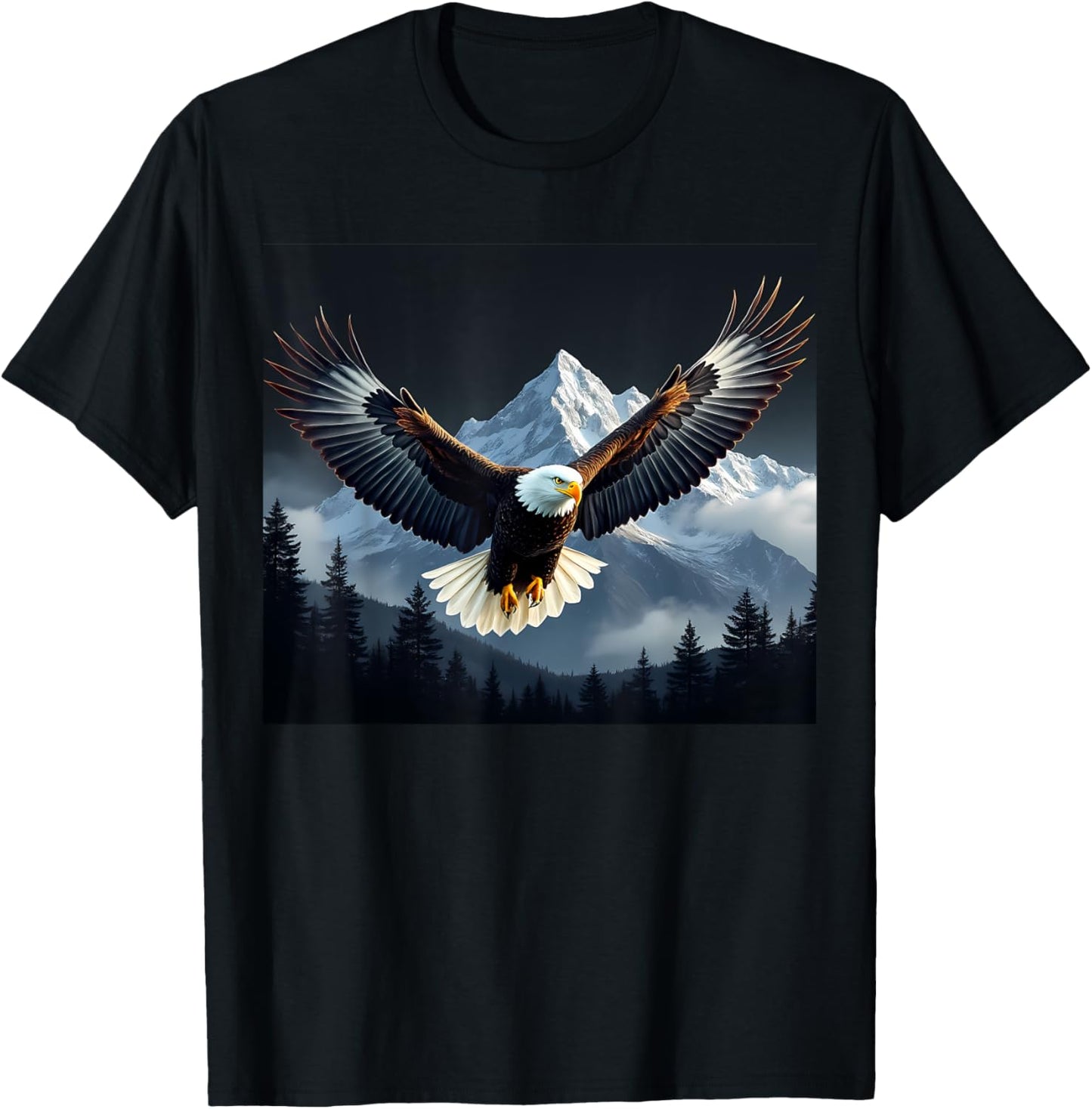 Bald Eagle Bird Mountains Forest Nature Cool Animal Graphic T-Shirt - T-Shirt | Black