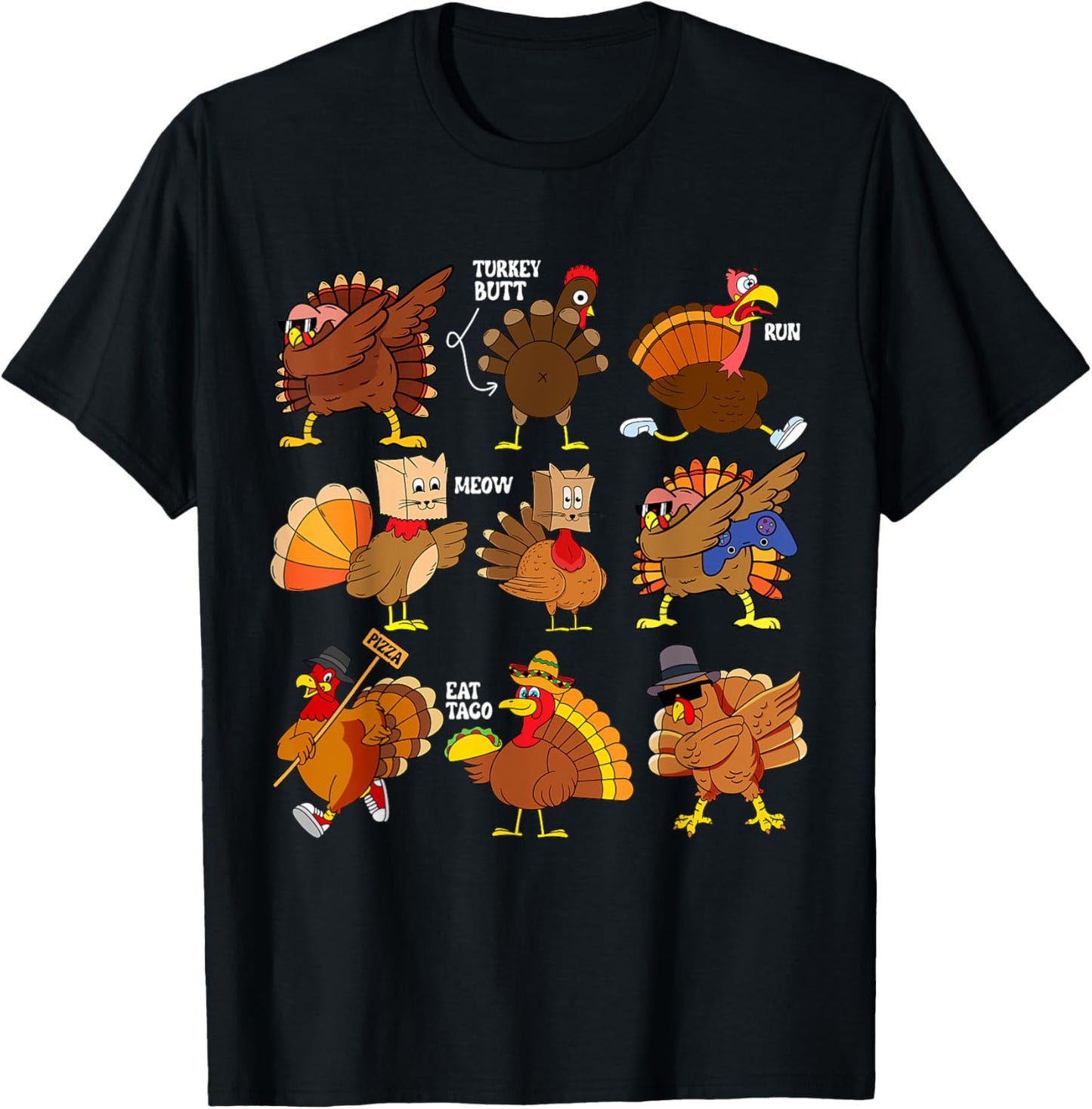 Funny Thanksgiving Turkey Gamer Taco Pizza Turkey Family T-Shirt - T-Shirt | Black