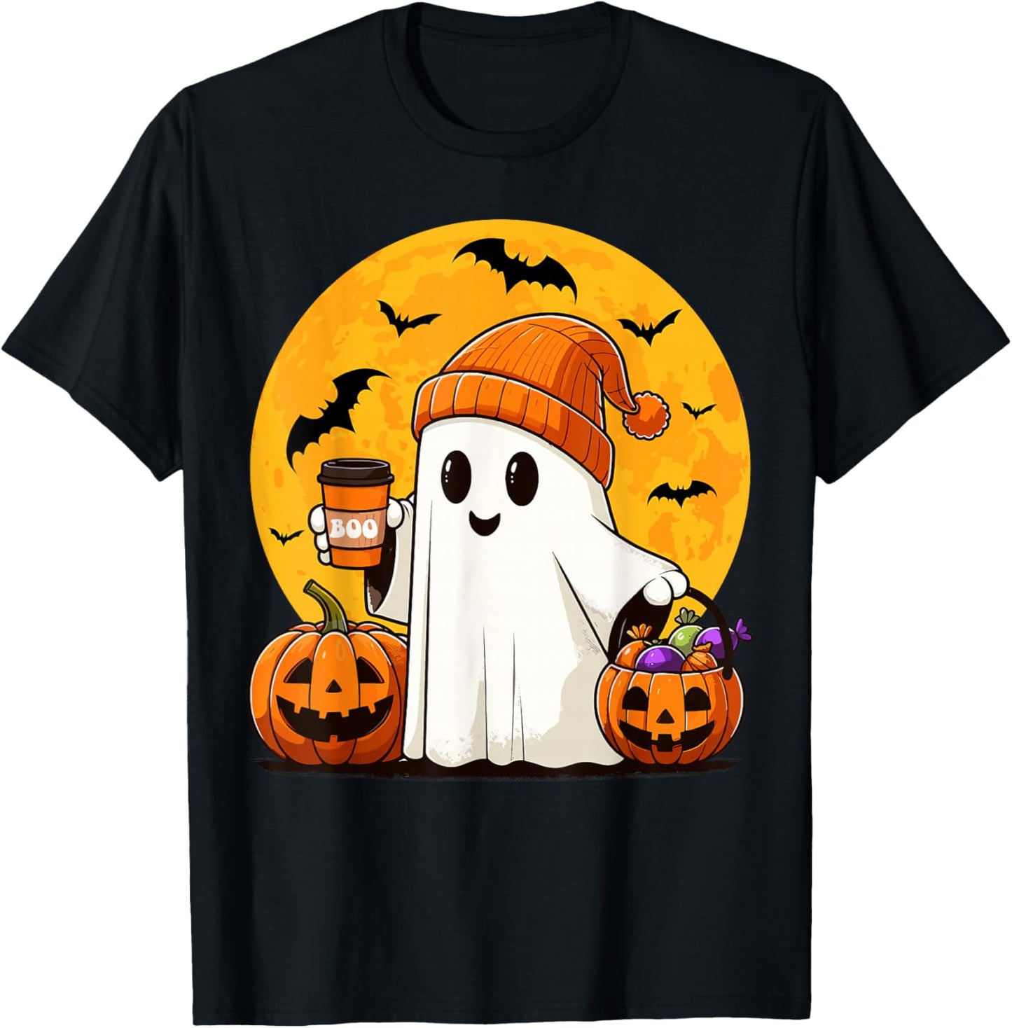 Cute Ghost Drinking Coffee Pumpkin Boo Funny Halloween Ghost T-Shirt - T-Shirt | Black