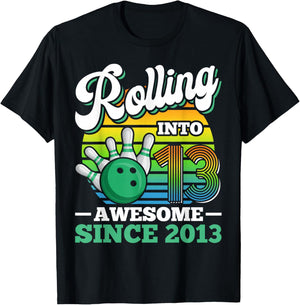 Rolling Into 13 Boy Bowling Birthday Party 13th Birthday T-Shirt - T-Shirt | Black