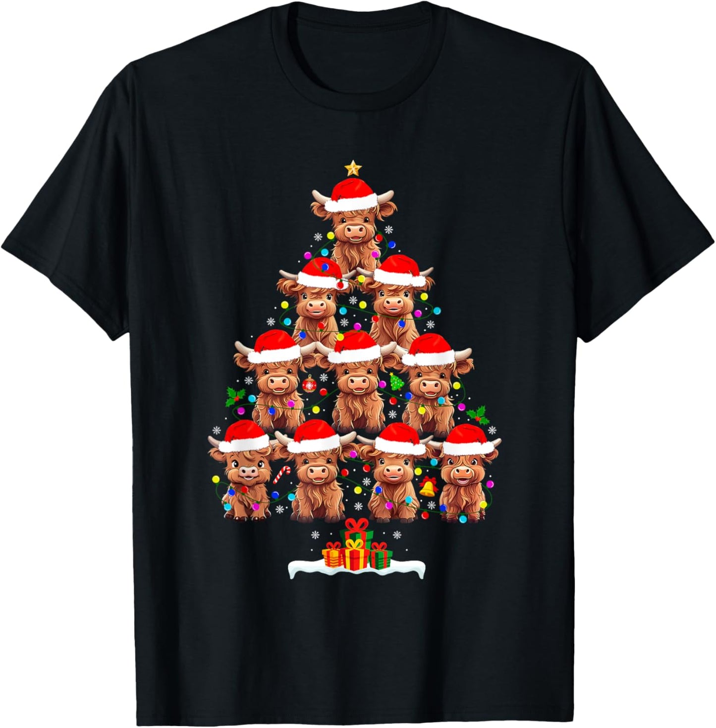 Scottish Highland Cow Christmas Tree Lights Xmas Pajamas T-Shirt - T-Shirt | Black