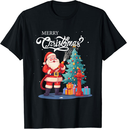 Firetruck Santa Sleigh Fireman Christmas Firefighter Xmas T-Shirt - T-Shirt | Black