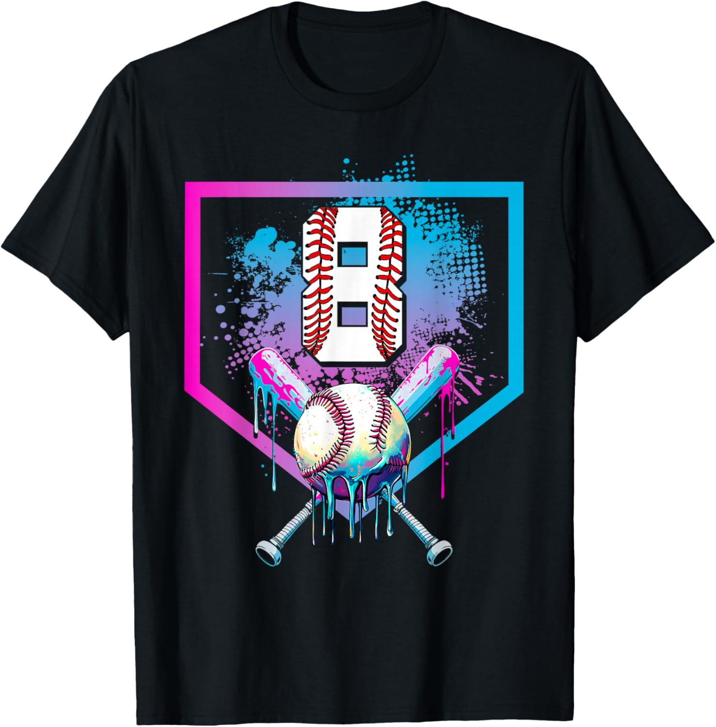 Baseball Drip 8th Birthday Home Plate Boys Youth 8 Year Old T-Shirt - T-Shirt | Black