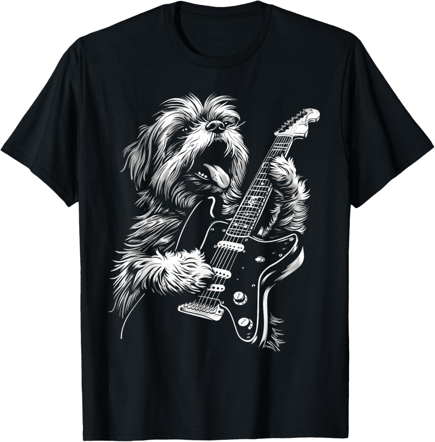 Funny Shih Tzu Dog Playing Electric Guitar Rock Dog Dad Men Women Kids T-Shirt - T-Shirt | Black