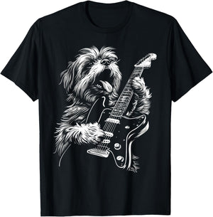 Funny Shih Tzu Dog Playing Electric Guitar Rock Dog Dad Men Women Kids T-Shirt - T-Shirt | Black