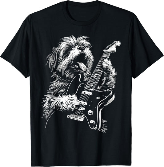 Funny Shih Tzu Dog Playing Electric Guitar Rock Dog Dad Men Women Kids T-Shirt - T-Shirt | Black