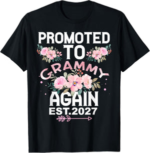 Promoted to Grammy Again 2027 Baby Shower Floral Wreath T-Shirt - T-Shirt | Black