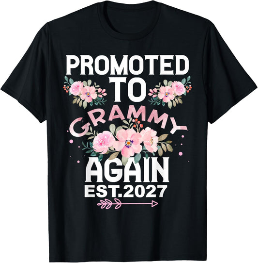 Promoted to Grammy Again 2027 Baby Shower Floral Wreath T-Shirt - T-Shirt | Black