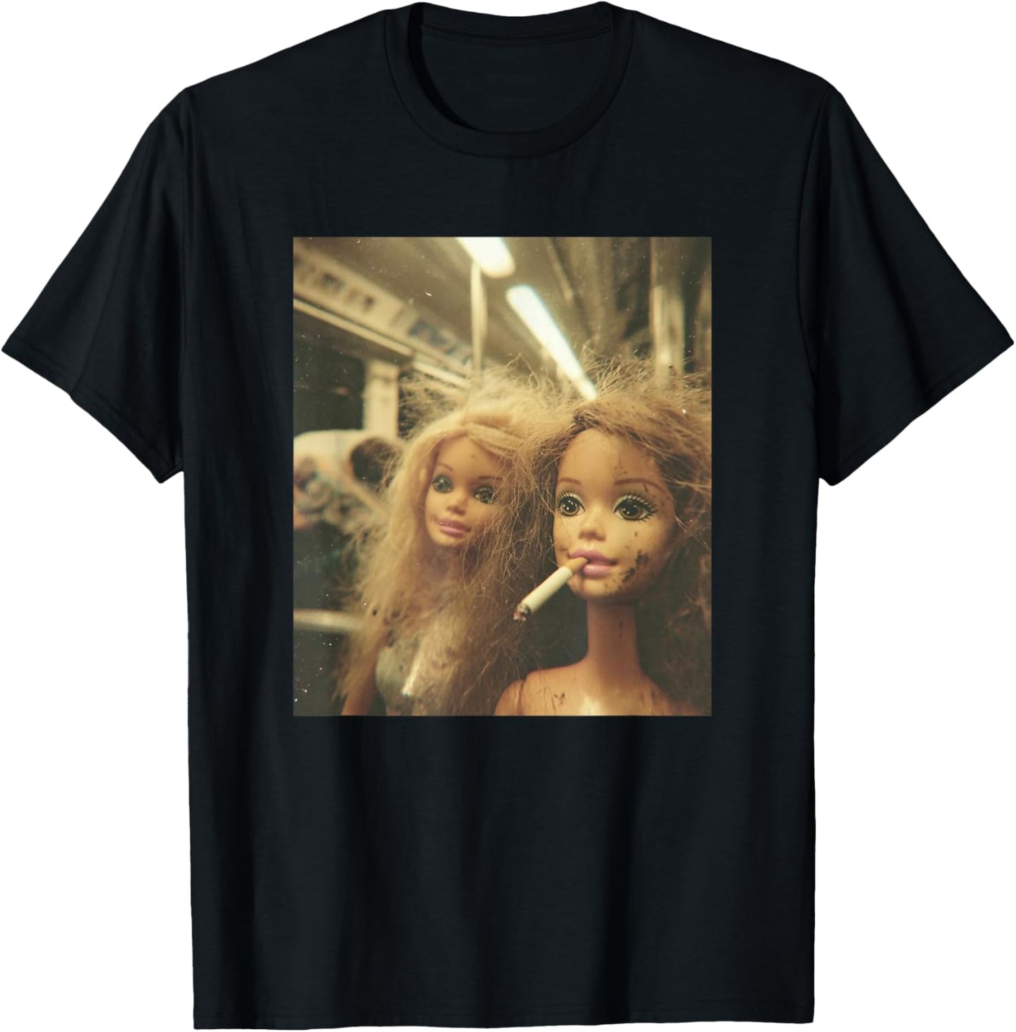 Retro Funny Distressed Doll Smoking Meme Sarcastic Graphic T-Shirt - T-Shirt | Black