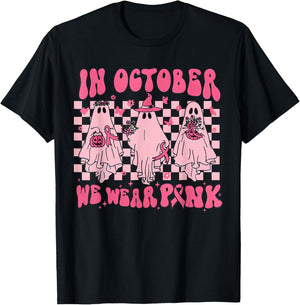 In October We Wear Pink Ghost Groovy Breast Cancer Halloween T-Shirt - T-Shirt | Black