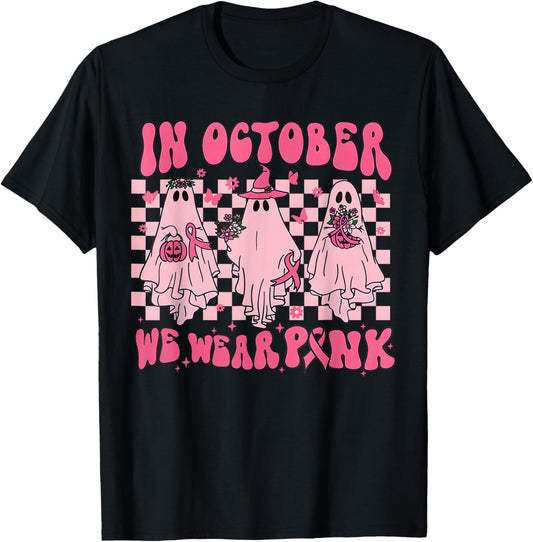 In October We Wear Pink Ghost Groovy Breast Cancer Halloween T-Shirt - T-Shirt | Black