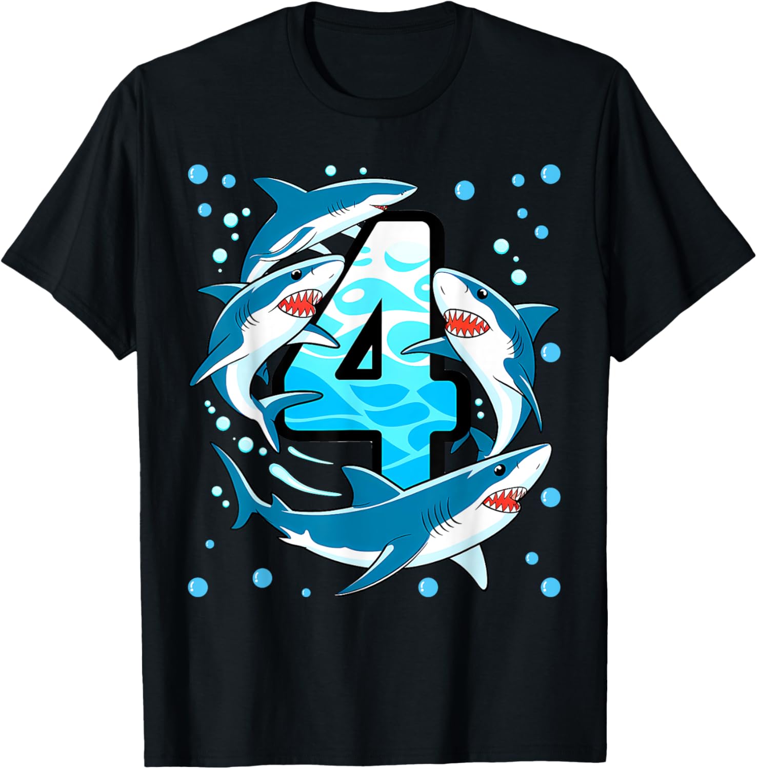 Shark 4th Birthday Boy 4 Four Shark Theme Party T-Shirt - T-Shirt | Black